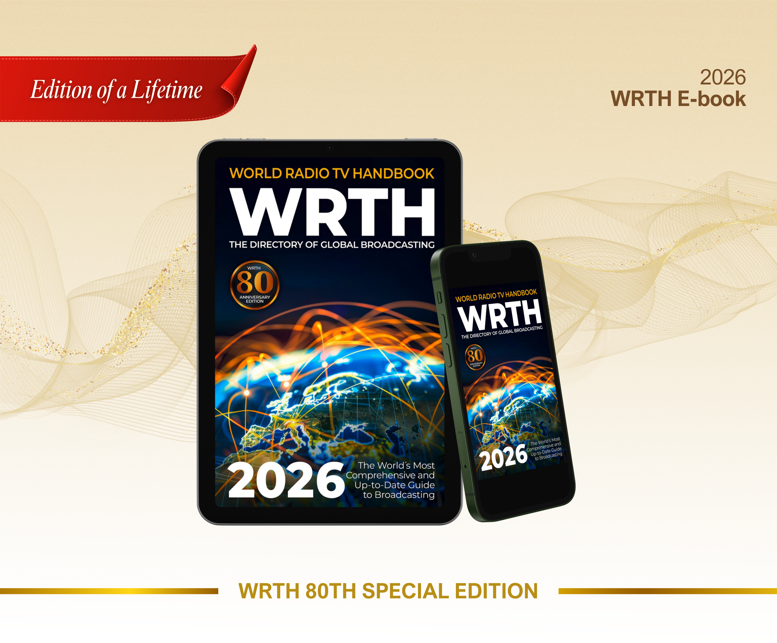 Digital rendering of the 2026 World Radio TV Handbook (WRTH) 80th Special Edition E-book displayed on a tablet and a smartphone. The cover is titled "WRTH: The Directory of Global Broadcasting," promoting it as the definitive global radio e-book.