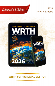 Digital rendering of the 2026 World Radio TV Handbook (WRTH) 80th Special Edition E-book on a tablet and a smartphone, featuring the title "WRTH: The Directory of Global Broadcasting." The text "Edition of a Lifetime" and "The World's Most Complete and Up-to-Date Guide to Broadcasting" is visible. Ideal for those who want to buy a shortwave radio guide.