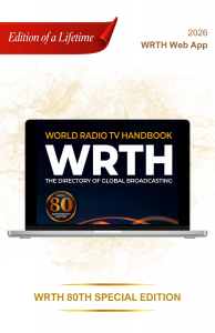 A laptop displaying the cover of the 2026 World Radio TV Handbook (WRTH) Web App, 80th Special Edition, titled "The Directory of Global Broadcasting." This image is for those looking to buy a shortwave radio guide.