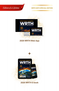 A bundle showing the physical World Radio TV Handbook (WRTH) 2026 Collector's Limited Edition book and the WRTH E-book displayed on a tablet and smartphone. Ideal for those who want to buy a shortwave radio guide in print and digital format.